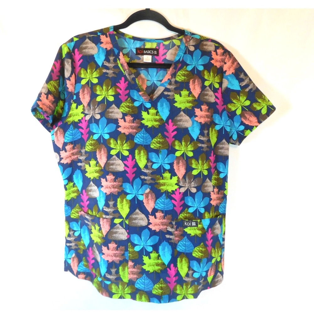 Koi Basics Women Large Scrub Top Blue Multi Color Leaf Print V-Neck Pockets